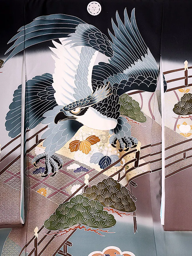  男児産着(お宮参り)  正絹 黒 鷹 0122