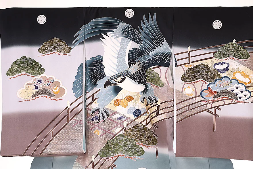  男児産着(お宮参り)  正絹 黒 鷹 0122