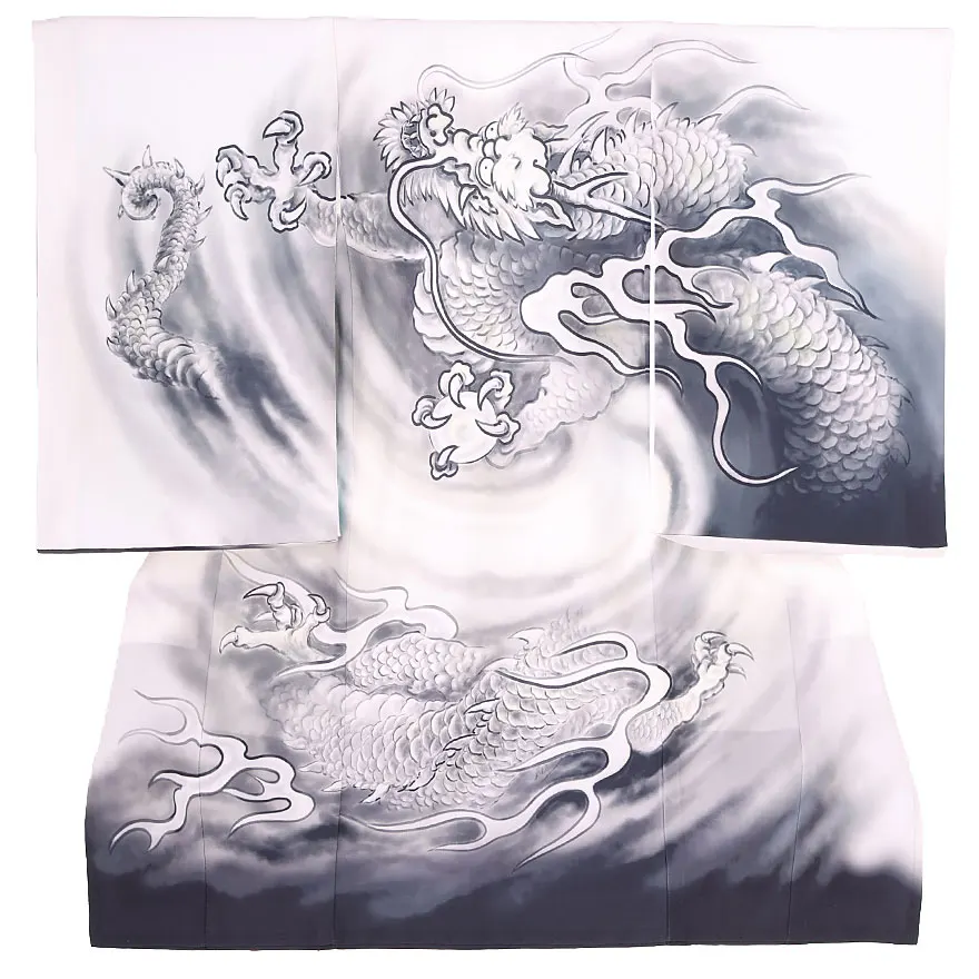 男児産着(お宮参り) 墨絵風 竜 白 0127