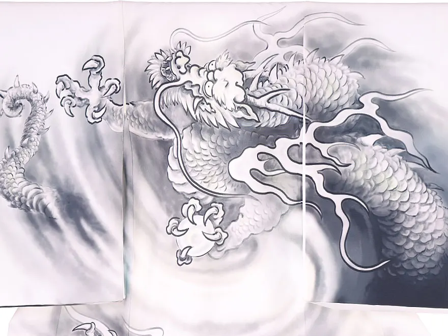 男児産着(お宮参り) 墨絵風 竜 白 0127