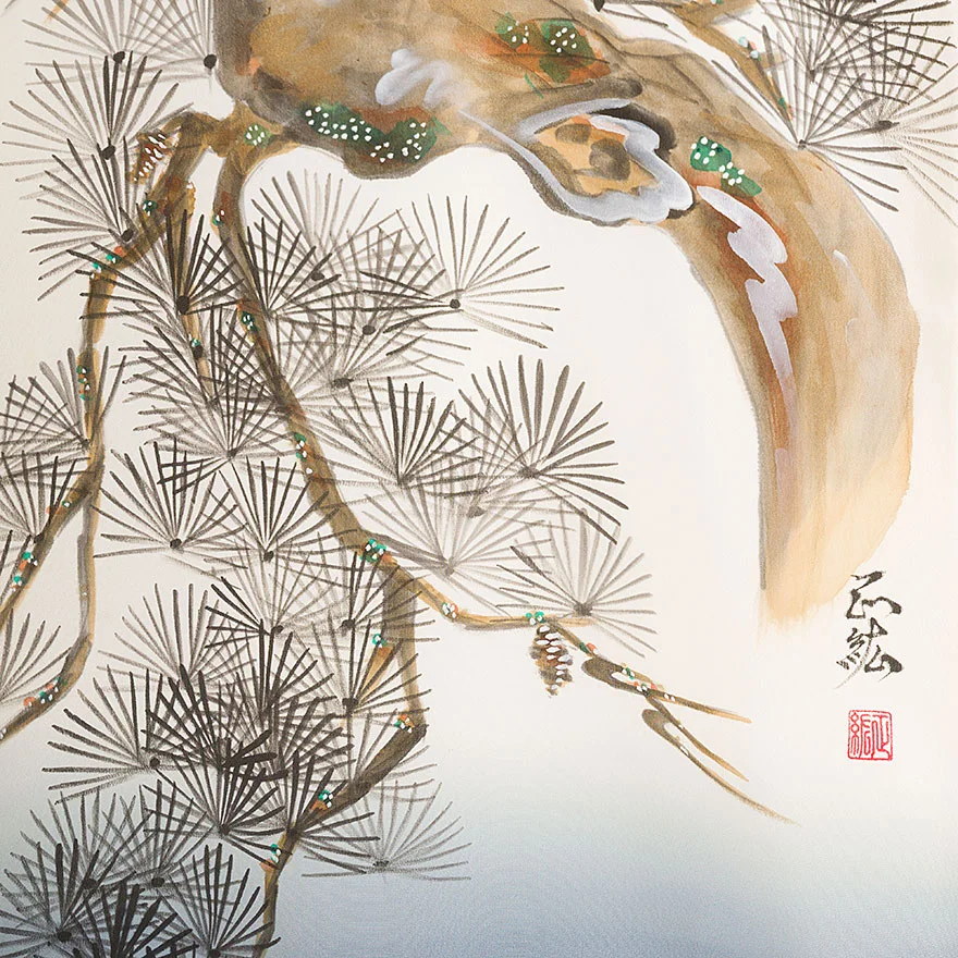 落款入り 本格手描き友禅 男児産着 正絹 松に鷹 0143