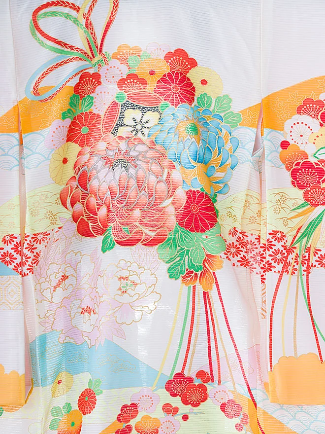 【絽】正絹 女児産着(お宮参り)牡丹菊 白×黄 0112