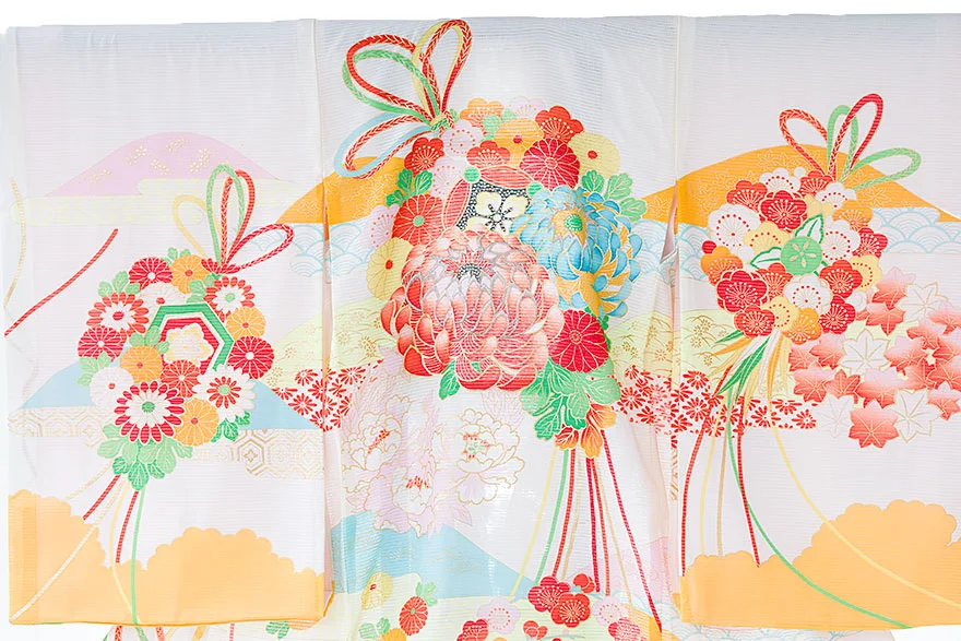 【絽】正絹 女児産着(お宮参り)牡丹菊 白×黄 0112