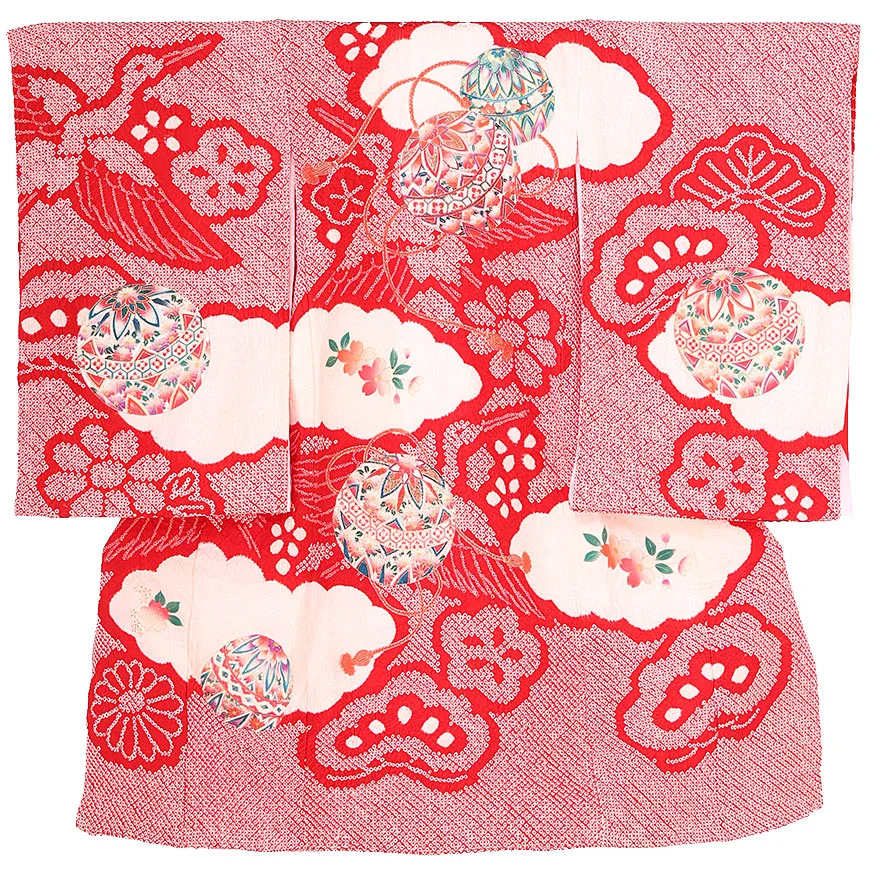 正絹 女児産着 赤 絞り 鞠華鶴  0118