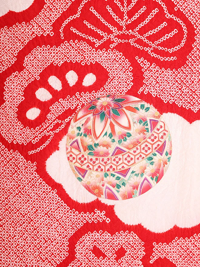 正絹 女児産着 赤 絞り 鞠華鶴  0118