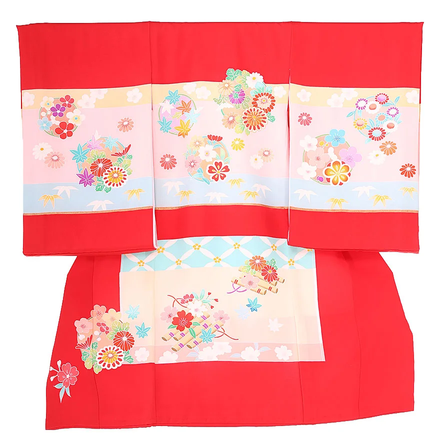 正絹 手描き京友禅 伝統多色染 横段四季花文  0119