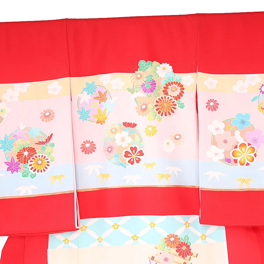 正絹 手描き京友禅 伝統多色染 横段四季花文  0119