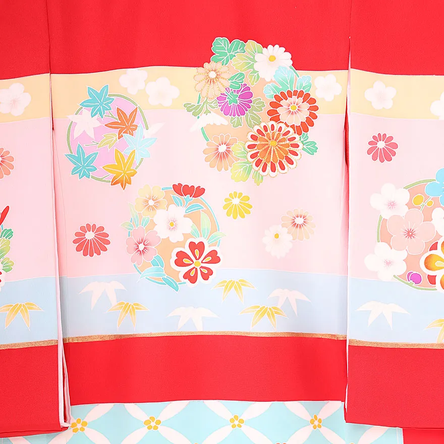 正絹 手描き京友禅 伝統多色染 横段四季花文  0119