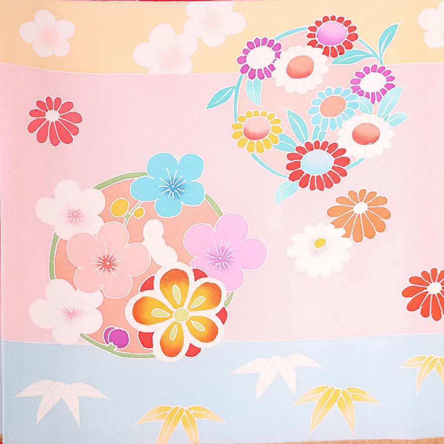 正絹 手描き京友禅 伝統多色染 横段四季花文  0119