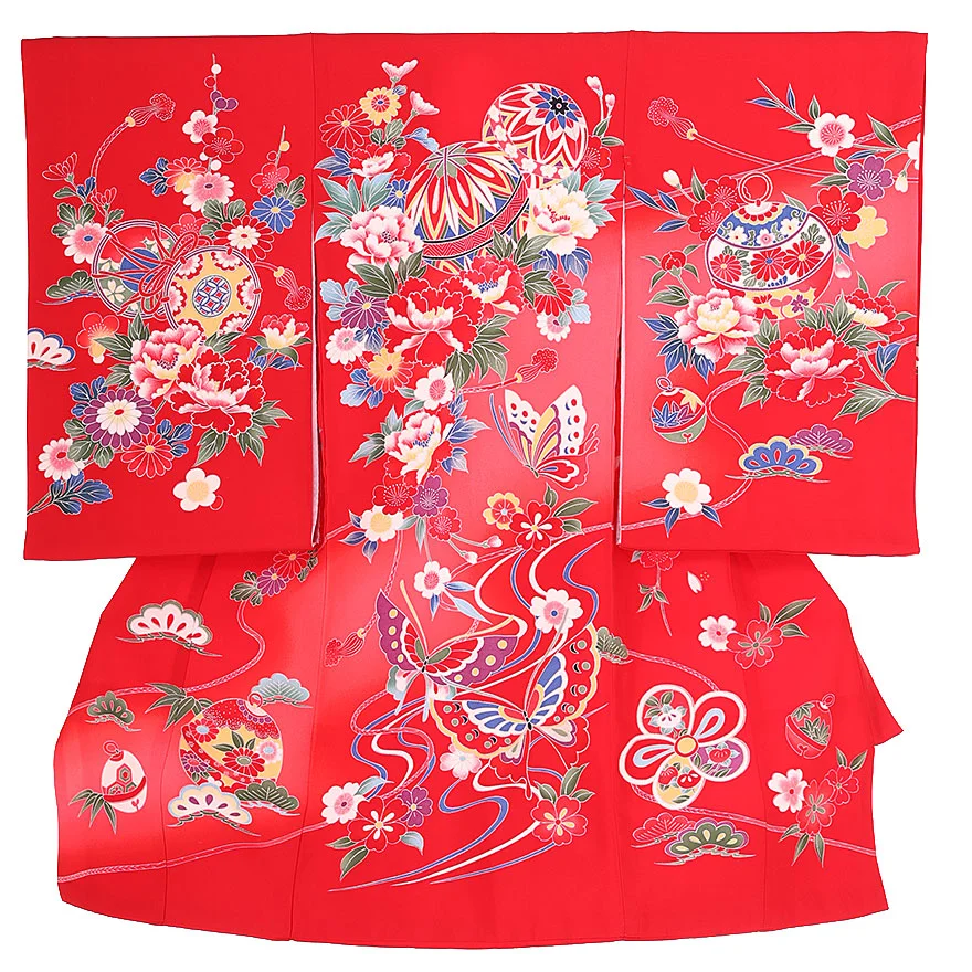 正絹 女児産着 赤 蝶鞠牡丹  0121