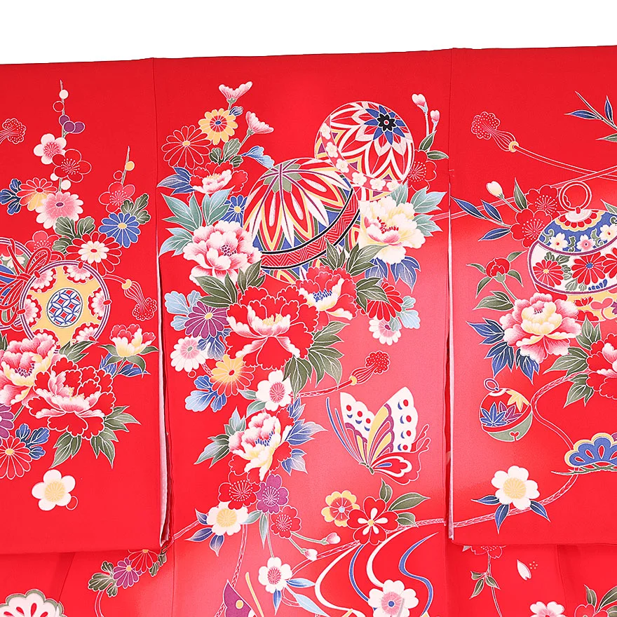 正絹 女児産着 赤 蝶鞠牡丹  0121