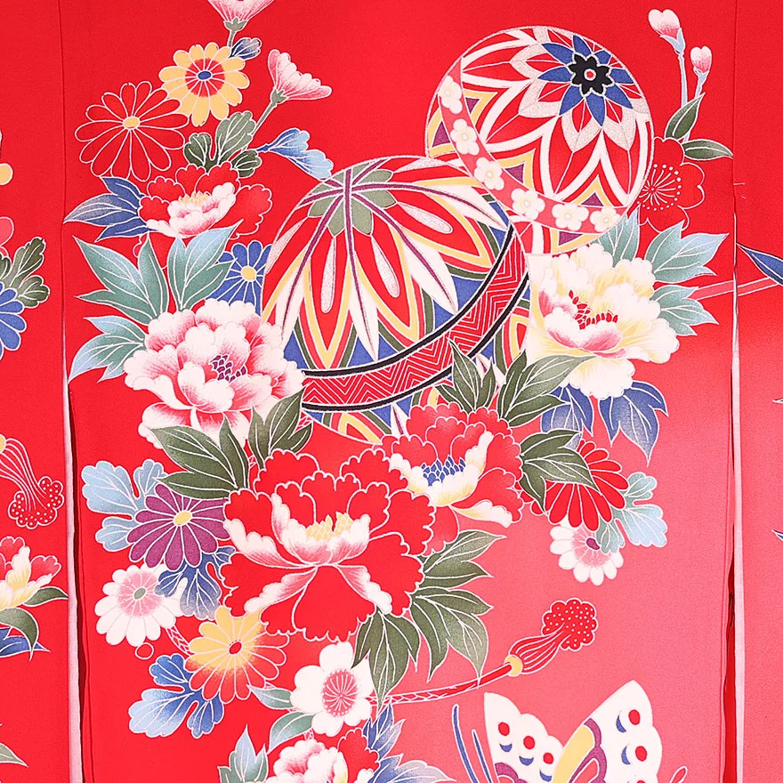 正絹 女児産着 赤 蝶鞠牡丹  0121