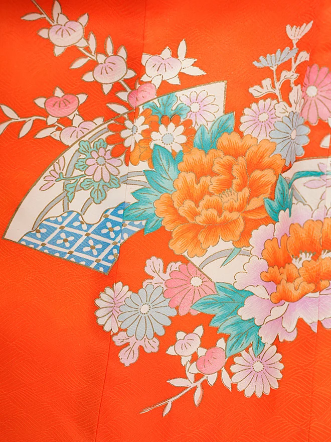 正絹 女児産着 オレンジ朱赤 扇面牡丹  0122