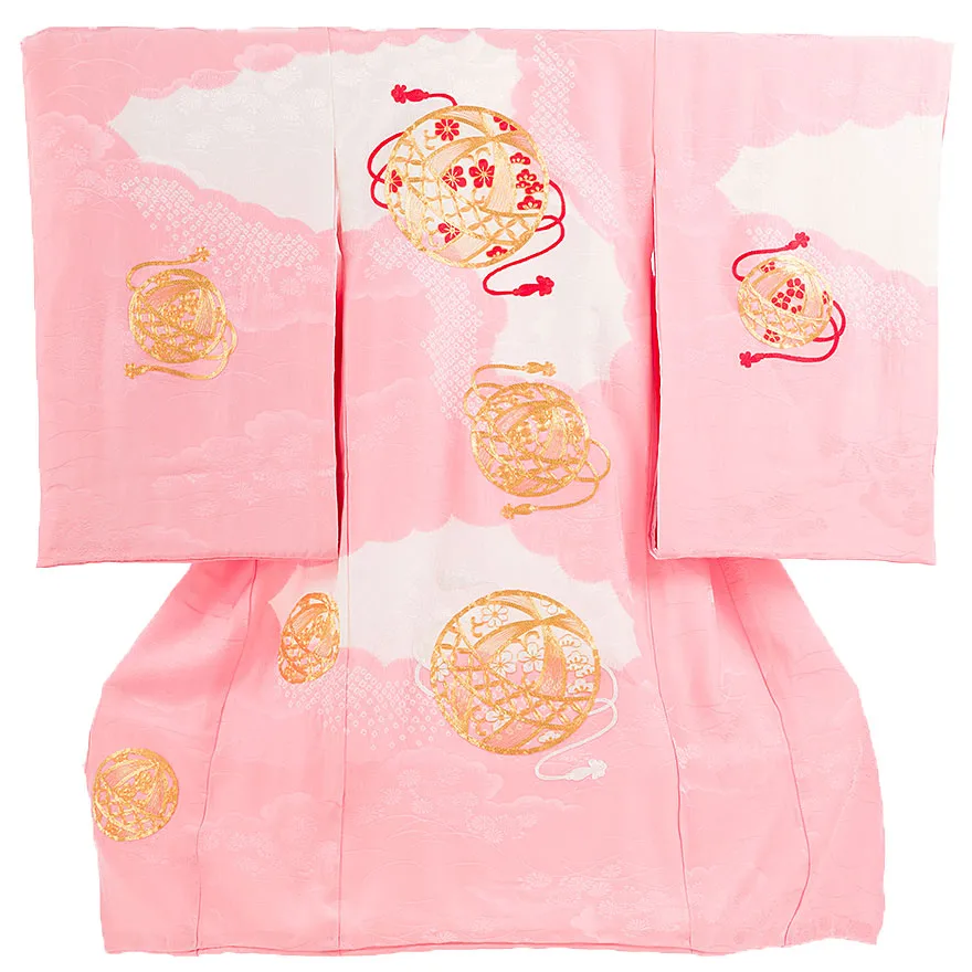 【正絹】日本製 女児産着 金駒刺繍 鞠 0128
