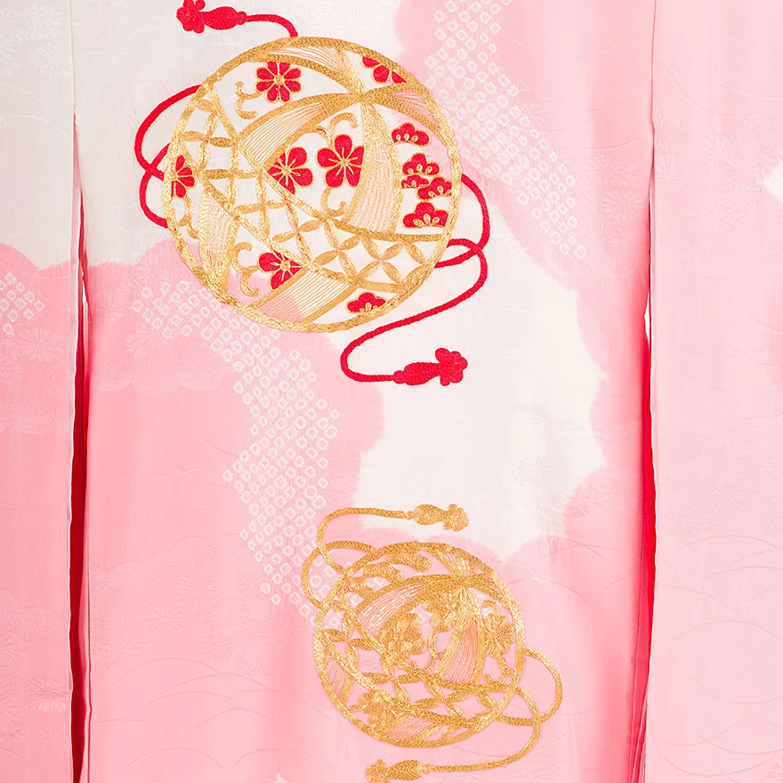 【正絹】日本製 女児産着 金駒刺繍 鞠 0128