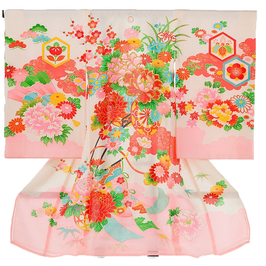 絽 夏用 女児産着(お宮参り) 白×ﾋﾟﾝｸ 0129