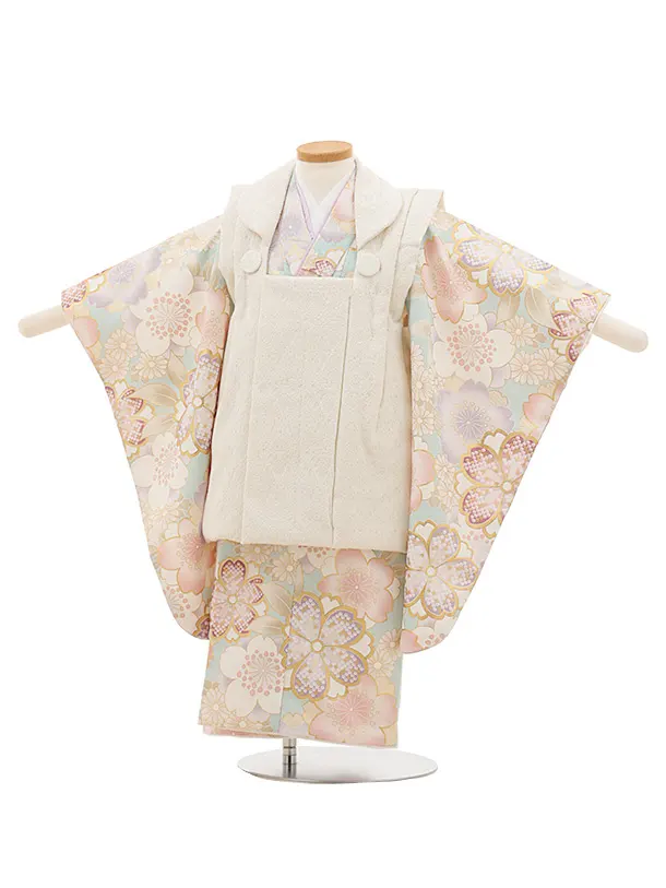 3歳女児被布 白×ブルー金彩 3510