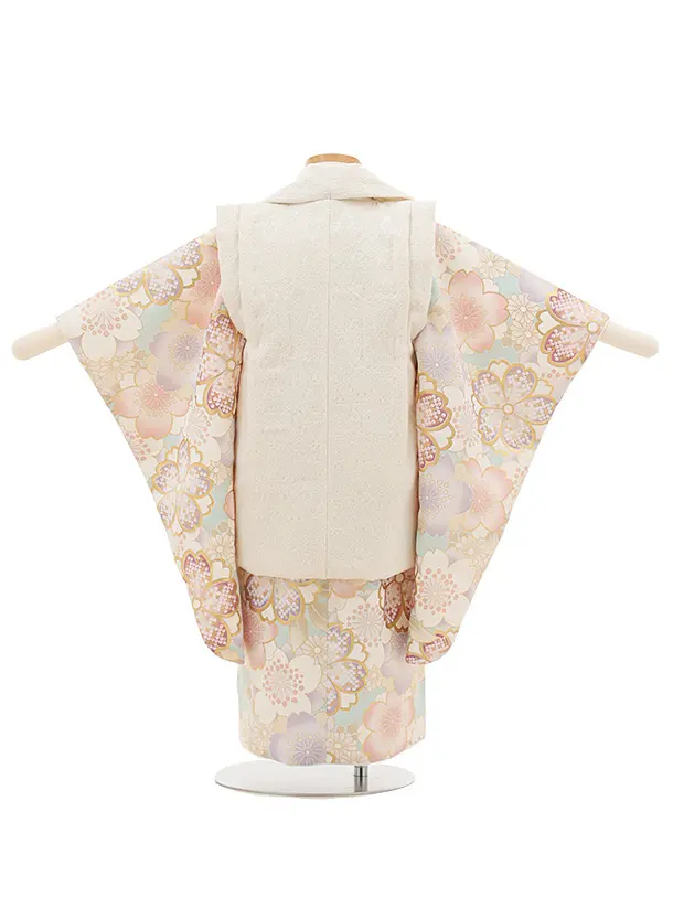 3歳女児被布 白×ブルー金彩 3510