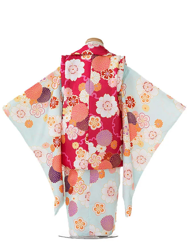 3歳 女の子 被布 水色 菊 雪輪 3515
