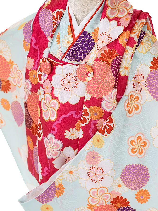3歳 女の子 被布 水色 菊 雪輪 3515