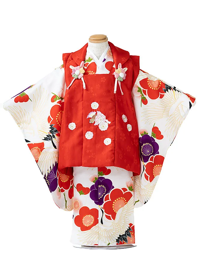 3歳 女の子 被布 赤 鶴 3532