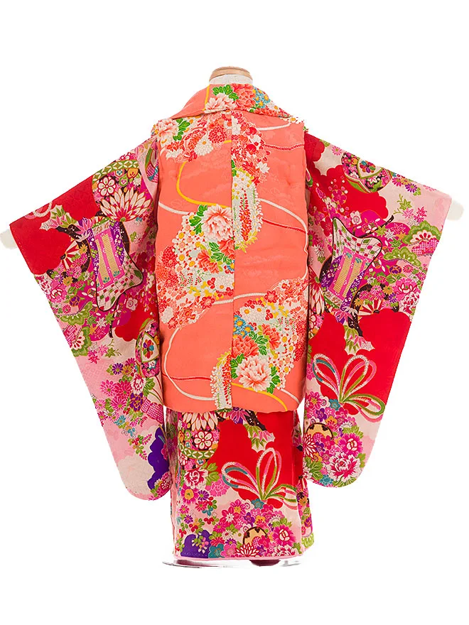 アンティーク 3歳女児被布 ｵﾚﾝｼﾞ ﾋﾟﾝｸ 和華扇子 3543