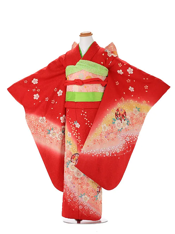 【正絹】７歳女の子 着物 赤 7121