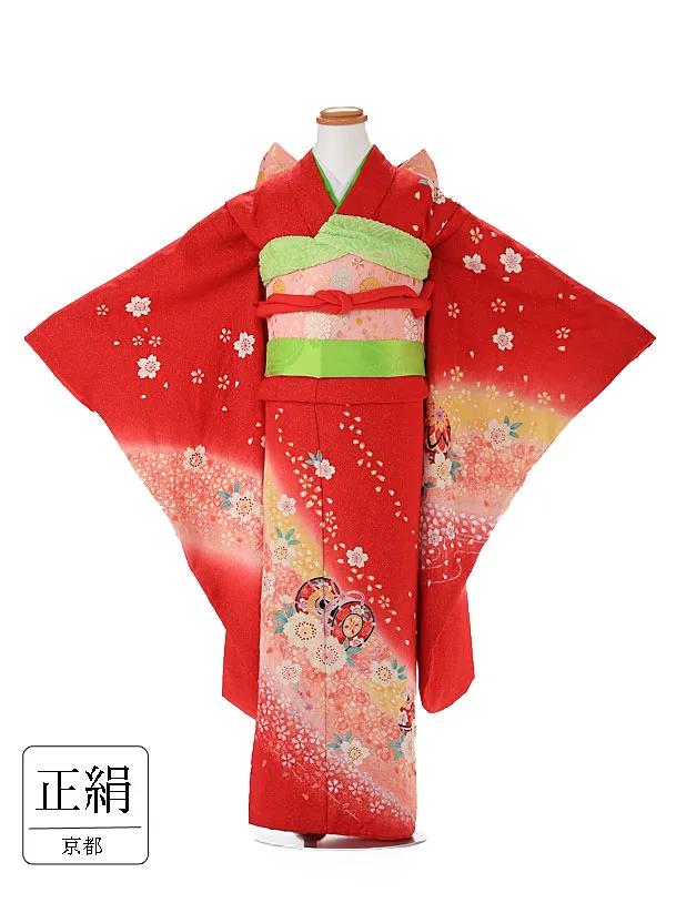 【正絹】７歳女の子 着物 赤 7121