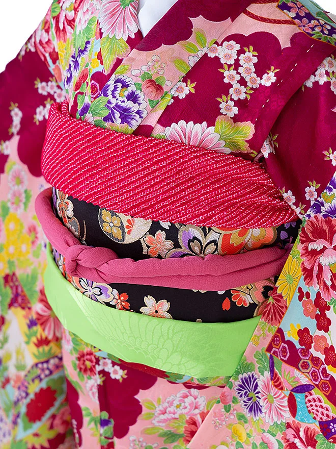 【アンティーク】７歳女の子 だらり帯 赤紫 7408