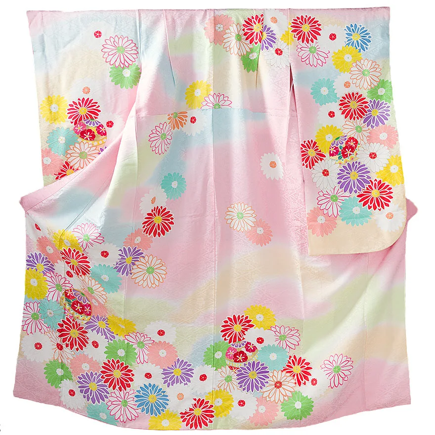 正絹 ７歳女子袋帯 ピンク 手描き友禅 菊毬 7462