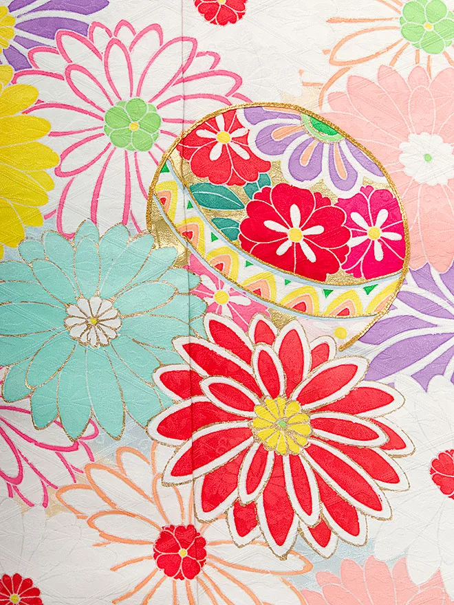 正絹 ７歳女子袋帯 ピンク 手描き友禅 菊毬 7462