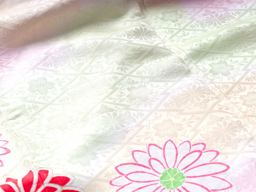 正絹 ７歳女子袋帯 ピンク 手描き友禅 菊毬 7462