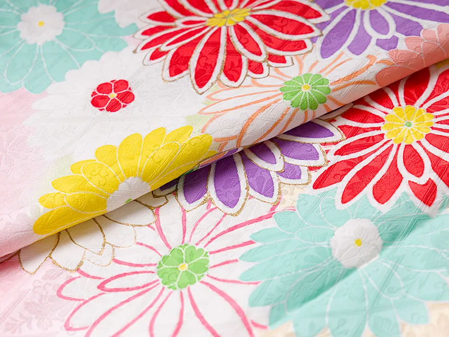 正絹 ７歳女子袋帯 ピンク 手描き友禅 菊毬 7462