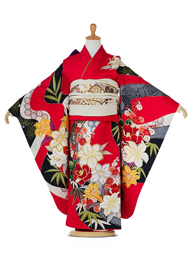 【正絹 花ひめ】 7歳 女の子 結び帯 赤 7742