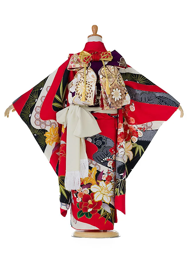 【正絹 花ひめ】 7歳 女の子 結び帯 赤 7742