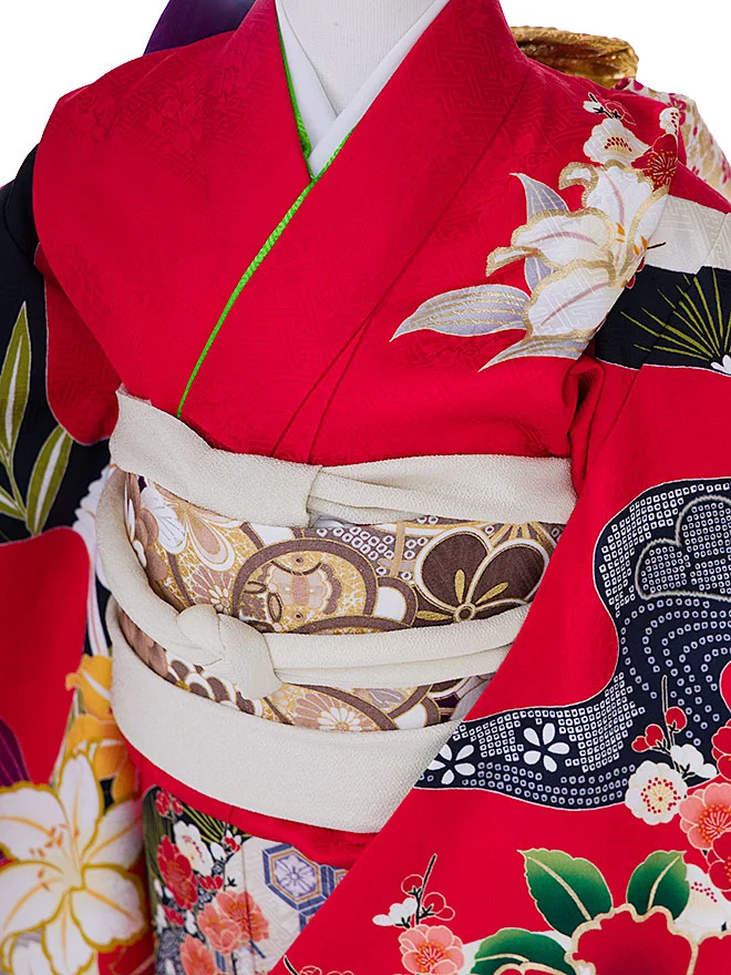 【正絹 花ひめ】 7歳 女の子 結び帯 赤 7742