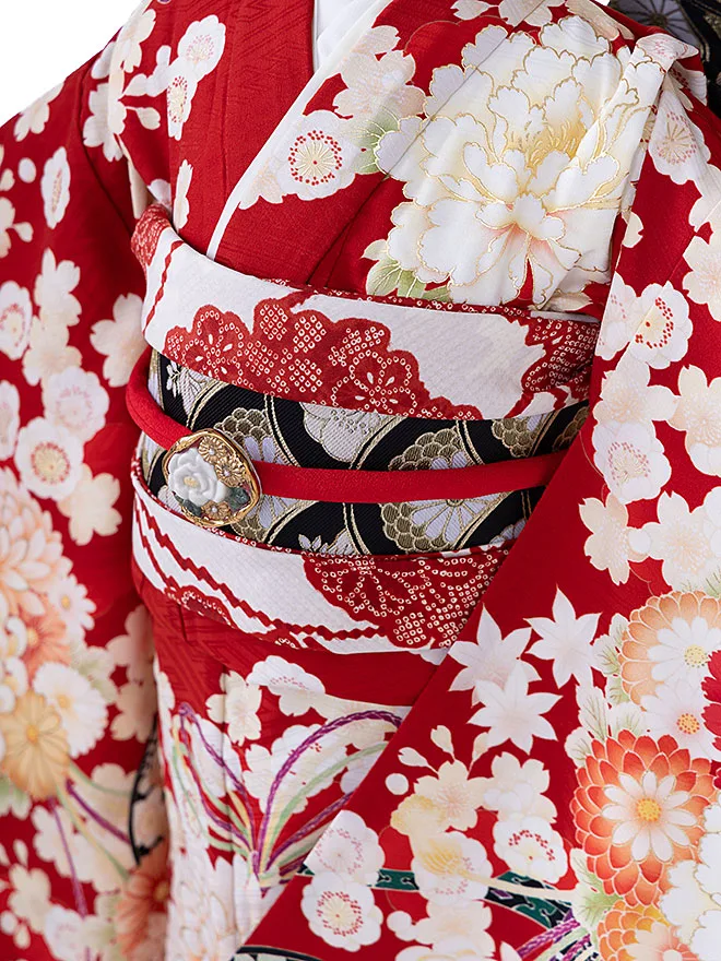 【華徒然】7歳 女の子 結び帯 花づくし 赤 7770