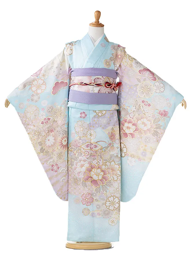 【花ひめ】7歳 女の子 結び帯 桜 牡丹 水色 7773