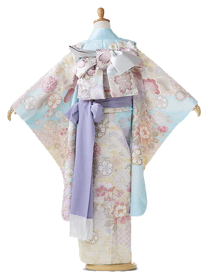 【花ひめ】7歳 女の子 結び帯 桜 牡丹 水色 7773