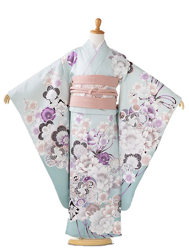 【日本製】7歳 女の子 結び帯 桜 くすみ 青緑 7775