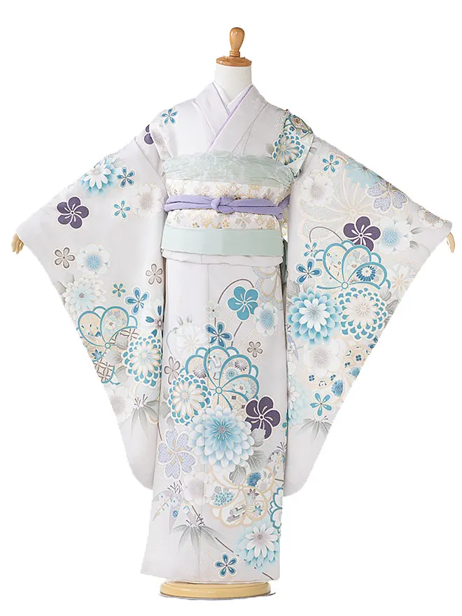 【日本製】7歳 女の子 結び帯 菊 薄ｸﾞﾚｰ 7789