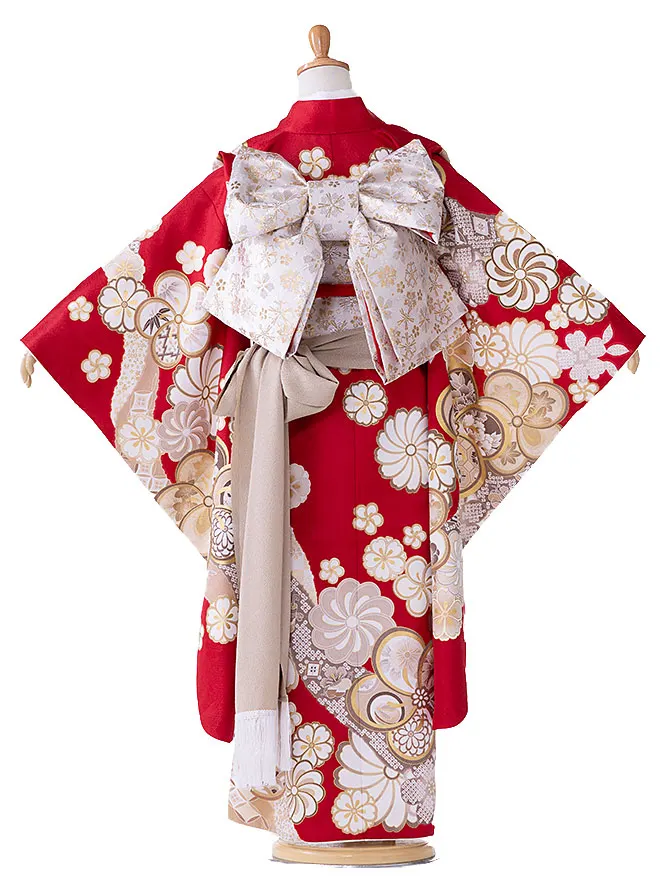 【日本製】7歳 女の子 結び帯 ねじり梅 赤 7793