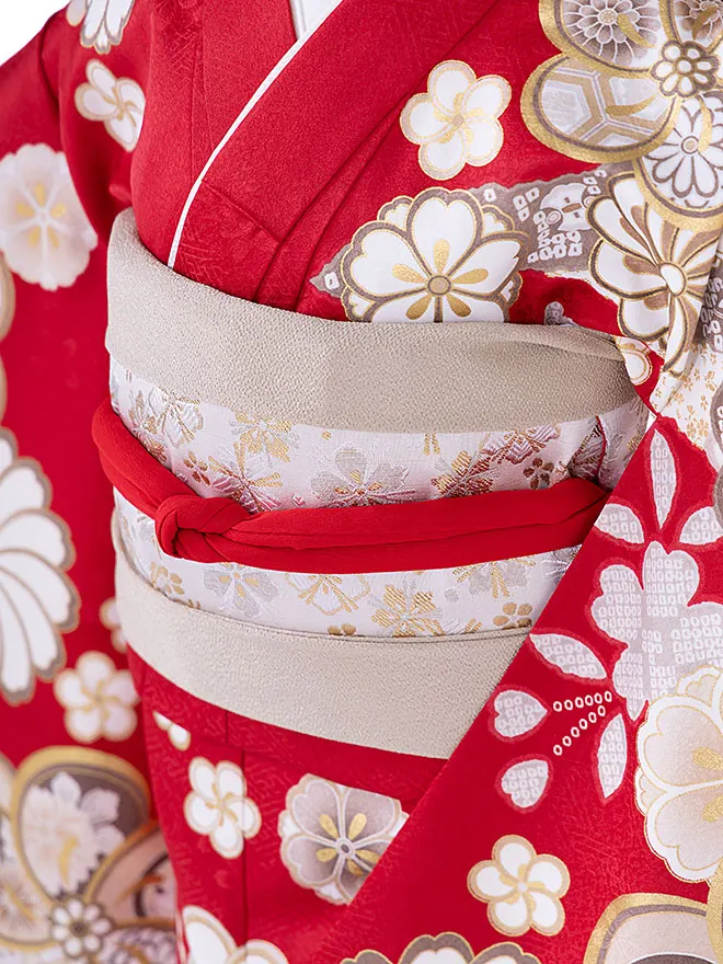 【日本製】7歳 女の子 結び帯 ねじり梅 赤 7793