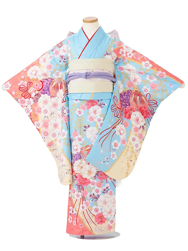 7歳女の子桜 熨斗流水 水色 7821