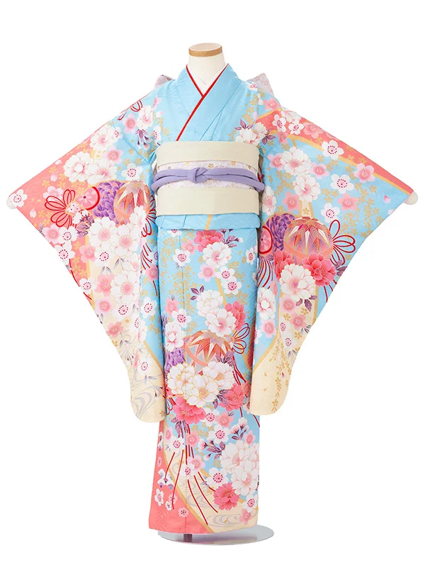 7歳女の子桜 熨斗流水 水色 7821