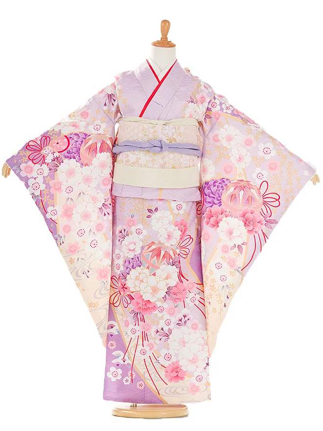 花ひめ 7歳 女児 結び帯 藤色 牡丹桜 7848