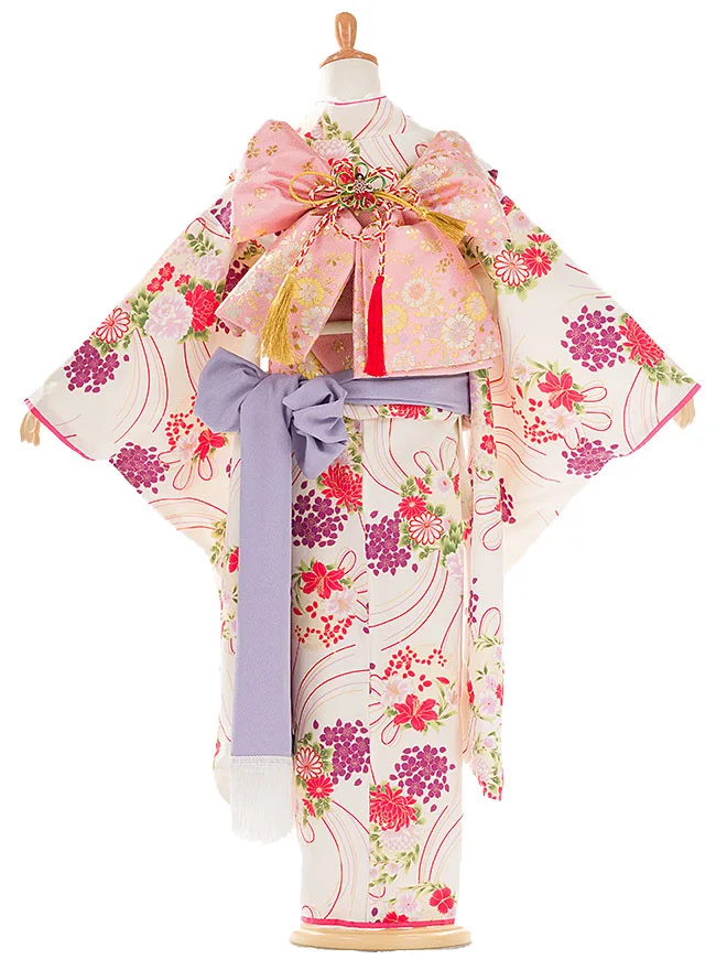 7歳 女児 結び帯 ｸﾘｰﾑ 菊桜 7849