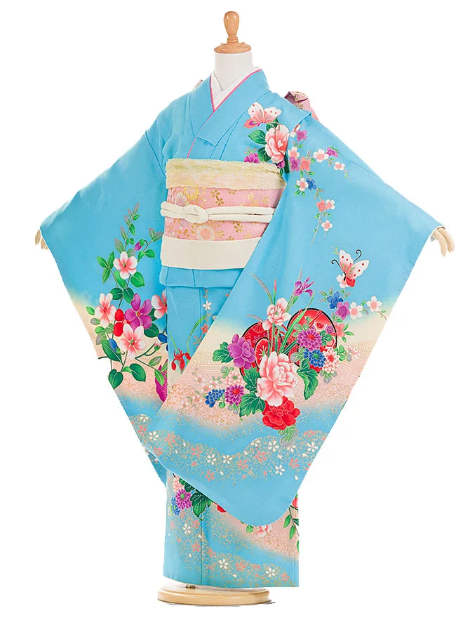  7歳 女児 結び帯 水色 蝶 牡丹 7853