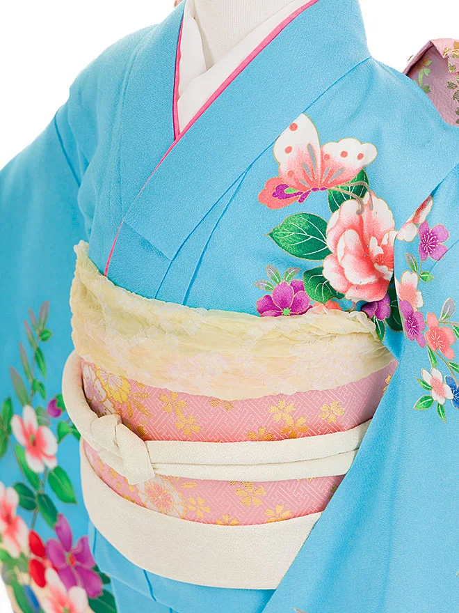  7歳 女児 結び帯 水色 蝶 牡丹 7853