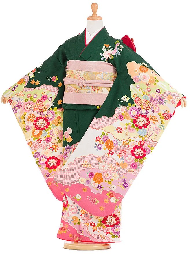 7歳女の子 正絹 緑 四季の花々 7854